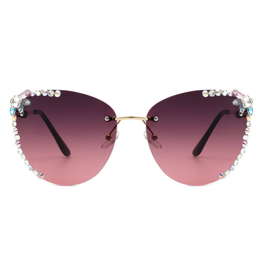 Women Rimless Tinted Chic Rhinestone Fashion Cat Eye Sunglasses