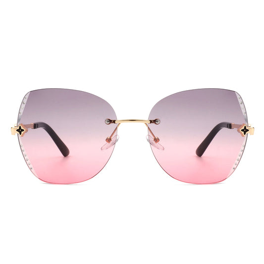 Oversize Rimless Butterfly Shape Tinted Rhinestone Fashion Sunglasses