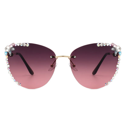 Women Rimless Tinted Chic Rhinestone Fashion Cat Eye Sunglasses