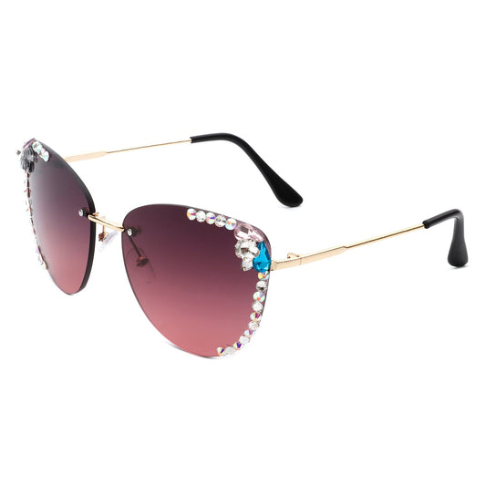 Women Rimless Tinted Chic Rhinestone Fashion Cat Eye Sunglasses