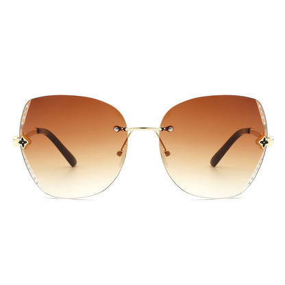 Oversize Rimless Butterfly Shape Tinted Rhinestone Fashion Sunglasses