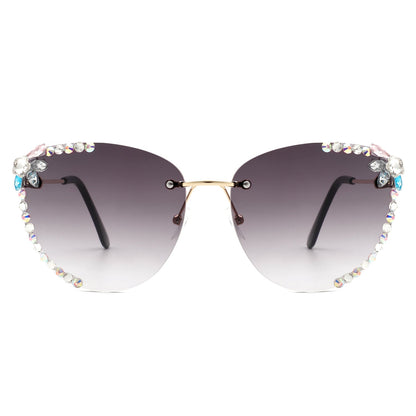 Women Rimless Tinted Chic Rhinestone Fashion Cat Eye Sunglasses