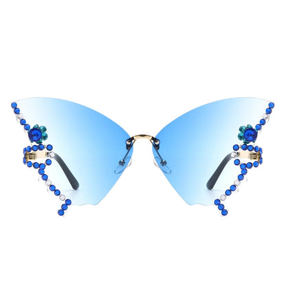 Lyrin - Rimless Oversize Rhinestone Butterfly Women Fashion Sunglasses