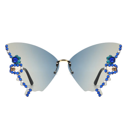 Lyrin - Rimless Oversize Rhinestone Butterfly Women Fashion Sunglasses