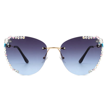 Women Rimless Tinted Chic Rhinestone Fashion Cat Eye Sunglasses