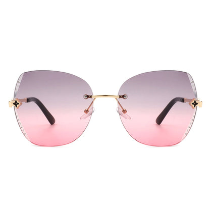 Oversize Rimless Butterfly Shape Tinted Rhinestone Fashion Sunglasses