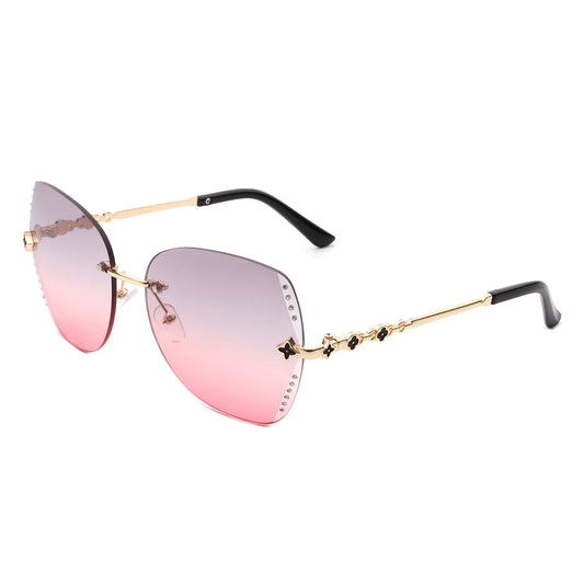 Oversize Rimless Butterfly Shape Tinted Rhinestone Fashion Sunglasses