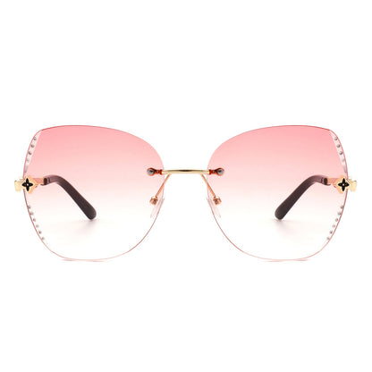 Oversize Rimless Butterfly Shape Tinted Rhinestone Fashion Sunglasses