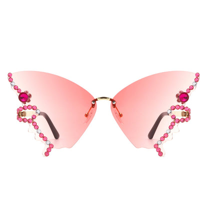 Lyrin - Rimless Oversize Rhinestone Butterfly Women Fashion Sunglasses
