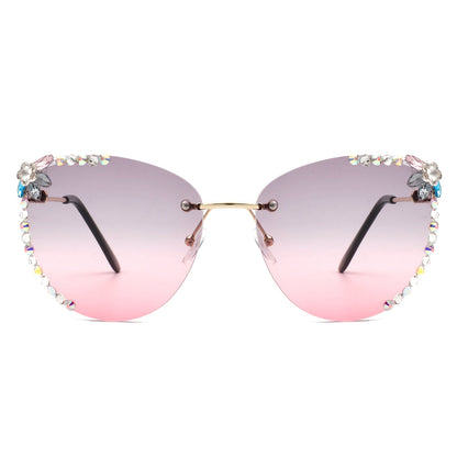 Women Rimless Tinted Chic Rhinestone Fashion Cat Eye Sunglasses