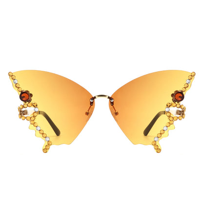 Lyrin - Rimless Oversize Rhinestone Butterfly Women Fashion Sunglasses